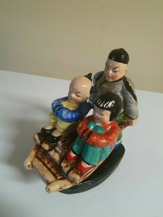 Antique Vtg 40s 50s Porcelain Occupied Japan Figurine Man Kids In Rsckshaw