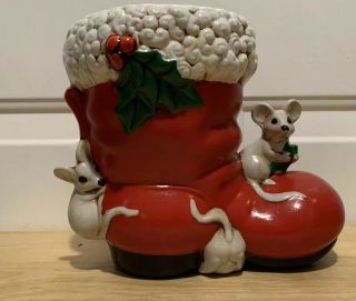 Vintage Xmas 7” Santa Boot & Mice Planter Candy Cane Holder Hand - Painted Ceramic