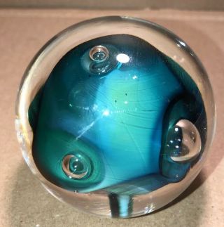 Vintage Teal Blue Controlled Bubble Hand Blown Studio Art Glass Paperweight