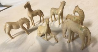 Vintage Miniature Hand Carved Wooden Horse Set - 6 Wood Horses - Different Poses