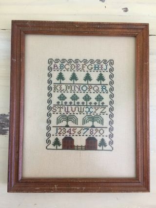 Abc 123 Cross Stitch - Vtg Wood Framed Needlework Picture,  Rural Rustic Folk Art
