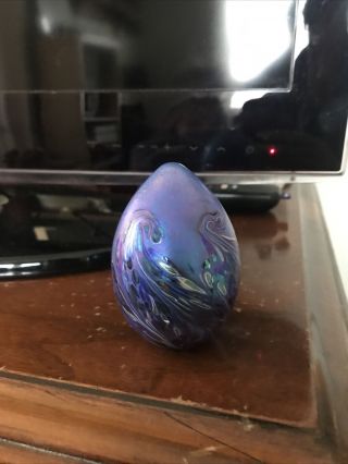 Vintage Blue Iridescent Swirl Pulled Art Glass Egg Signed Orleans 1991