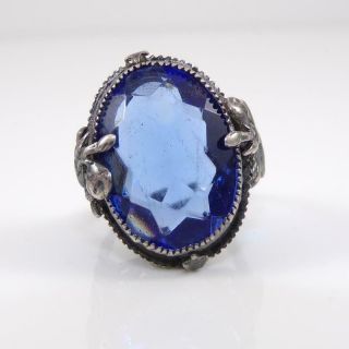 Vtg Antique Art Deco Sterling Silver Blue Paste Filigree Ring Size 4 Lfj3