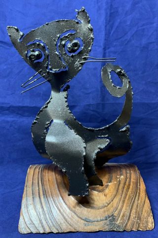 Vintage Brutalist Torch Cut Steel Cat Sculpture On Wood Base
