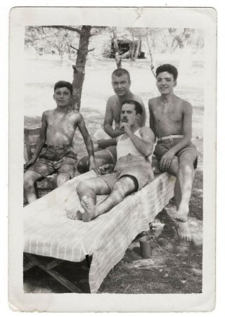 Vintage Family Photo Beach Summer Man Swimming Trunks Boys Guys Sunbathing 6585