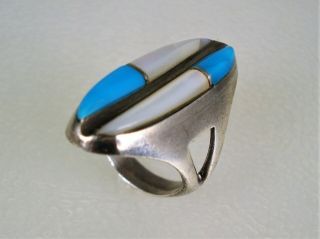 Vintage Zuni Navajo Sterling Silver Turquoise & Mother - Of - Pearl Inlay Ring Sz 6