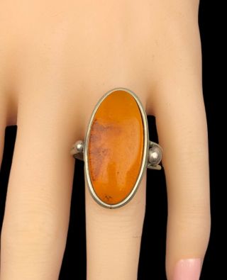 Large Vintage Silver Toned Oval Amber Ring Size 8