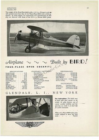 1930 Bird Aircraft Corp Four - Place Biplane Airplane Vintage Print Ad With Specs