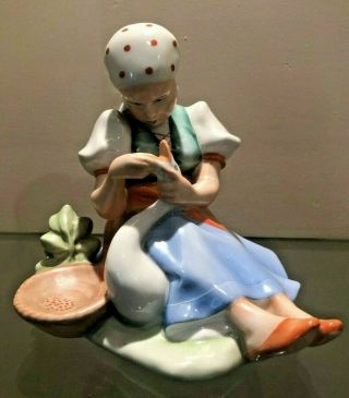 Zsolnay Pecs Hungarian Porcelain Figurine - Peasant Girl Feedng A Goose