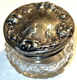 Antique Cut Glass Dresser Jar W/foster & Bailey Art Nouveau Sterling Silver Top
