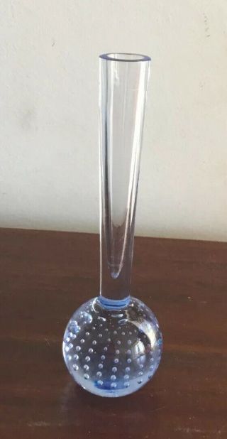 Lovely Vintage Pale Blue Glass Bud Vase Controlled Bubble Base