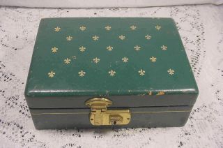 Antique Vintage Fleur De Lis Jewelry Box Green Leather With Key Estate