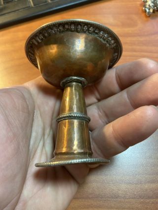 Antique Copper Silver Tibetan Buddhist Ritual Butter Lamp With Kapal Skulls