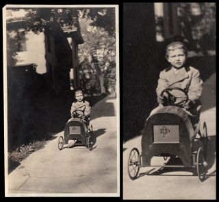 Lonesome Tiny Boy In Fancy Pedal Car Toy 1920s Vintage Photo