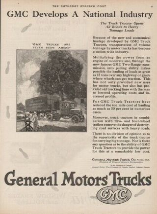 1923 General Motors Trucks Co.  Pontiac Mi Gmc Semi Tuck Tractor Rfh Art Gm Ad