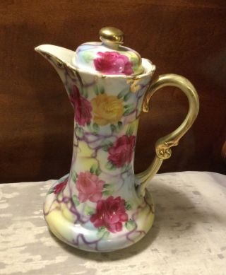 Vintage Hand Painted Floral Rose Gold Trim Ceramic Porcelain Tea Pitcher W/top