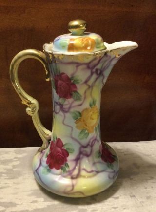 Vintage Hand Painted Floral Rose Gold Trim Ceramic Porcelain Tea Pitcher W/Top 2