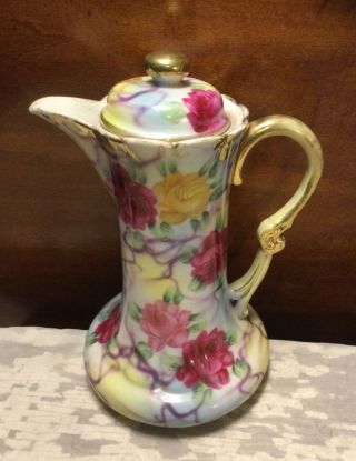 Vintage Hand Painted Floral Rose Gold Trim Ceramic Porcelain Tea Pitcher W/Top 3