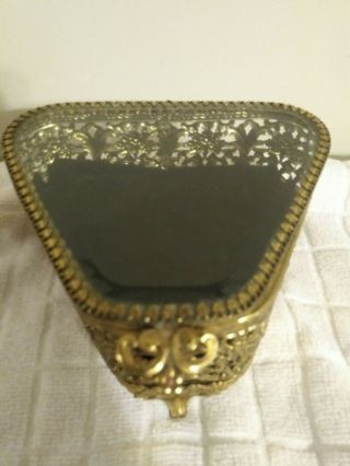 Antique Vintage Brass Filigree Jewelry Trinket Box Beveled Glass Top