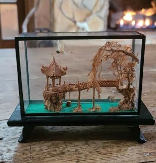 Vintage Chinese Cork Carving Glass Shadow Box Diorama Black Lacquer Base 5 "