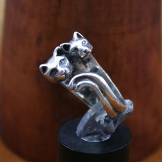 Vintage " Twin Cats " Wrap Band Ring Sterling Silver Size 7