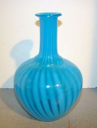 Vintage Blue Opalescent Glass Rib Optic Stripe Water Bottle Carafe