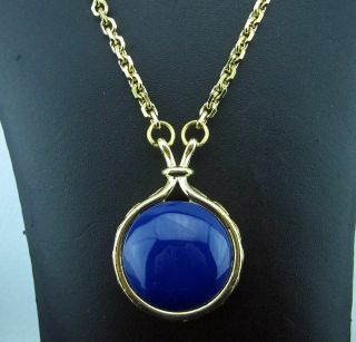 Unusual Vintage Double Side Blue Stone Ornate Chunky Clamshell Pendant Necklace
