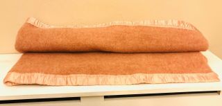 Antique 100 Wool Blanket Salmon Color Satin Binding 90” X 60” Twin Size GUC USA 3