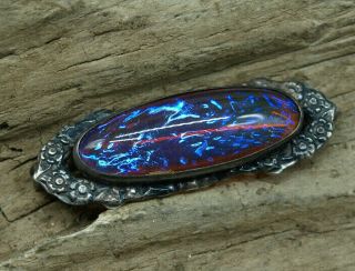 Vintage Sterling Silver Iridescent Black Opal Stone Brooch Pin (d212)