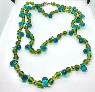 Vintage Gold Tone Green And Blue Glass Beaded Necklace Jewelry