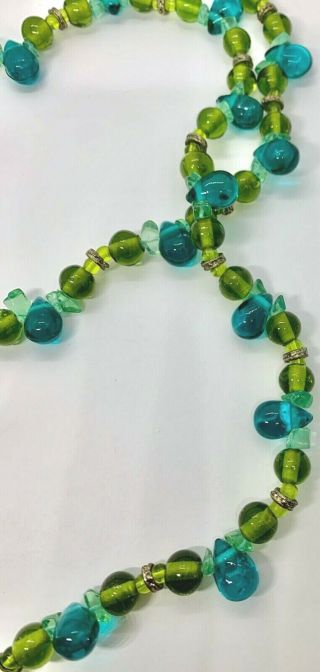Vintage Gold Tone Green and Blue Glass Beaded Necklace Jewelry 2
