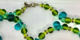 Vintage Gold Tone Green and Blue Glass Beaded Necklace Jewelry 3