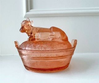 Vintage Pink Depression Glass Cow Bovine On Basket Covered Butter Candy Dish Guc