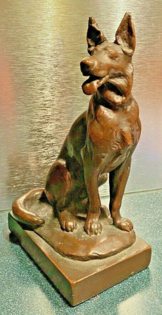 Antique Paul Herzel German Shepherd Dog Bronze Clad Statue Book End Bookend