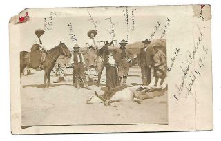 Vintage Postcard Cowgirls And Cowboys Rope A Calf Real Photo 1908 Identified