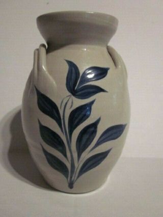 Vintage 1994 Williamsburg Salt Glaze Pottery Cobalt Blue Floral Fern Vase