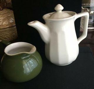 Vintage Hall Pottery Small Single Teapot Ivory & A Green W/ivory Inside Creamer