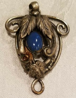 Gorgeous Vintage Victorian Dark Blue Stone Silver Tone Floral Pendant