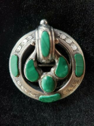 Antique Vintage Scottish Green Agate And Silver Brooch