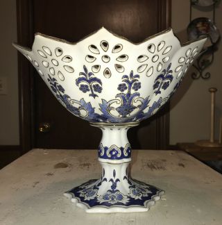 Vintage Blue & White Reticulated Porcelain Pedestal Centerpiece Bowl