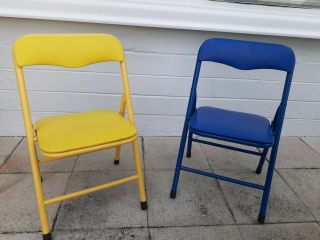 2 Vintage Childrens Folding Chairs Metal With Padded Seats Yellow Blue