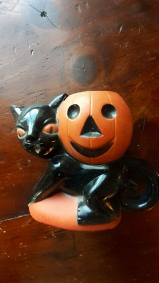 Vintage Rosbro Halloween Black Cat With Pumpkin Candy Container
