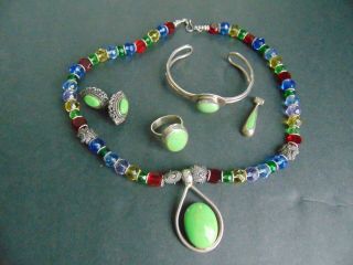 Vintage Mexican Sterling Silver Set W Lime Green Turquois Stones - Necklace