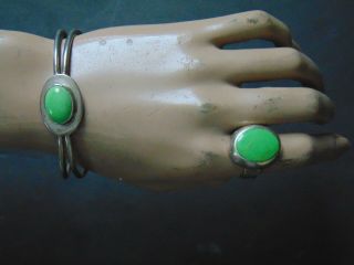 VINTAGE MEXICAN STERLING SILVER SET w LIME GREEN TURQUOIS STONES - NECKLACE 2