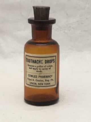 Vintage / Antique 3 " Amber Bottle W Cork & Label Toothache Drops Cowles Union Ny
