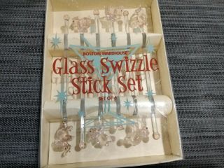 6 Vtg Pink Elephant Swizzle Sticks,  Glass Barware Boston Warehouse