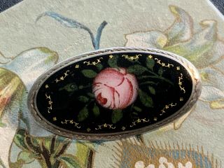 Antique Vintage Sterling Pin Brooch With Black Enamel Background & Pink Rose