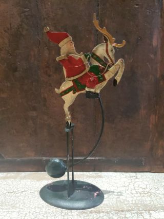 Vintage Antique 14 Inch Santa On Reindeer Pendulum Crackled