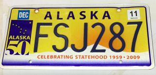 2009 Alaska License Plate Fsj287 Celebrating Statehood 1959 - 2009 50 Years