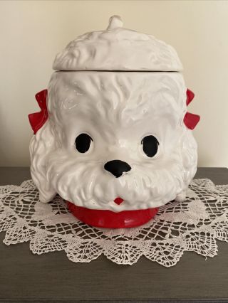Vintage Poodle Maltese Fluffy White Puppy Dog Cookie Jar Red Bows Collar Ceramic